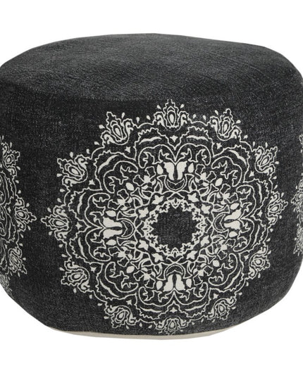 18" Black Cotton Cylinder Medallion Pouf Ottoman