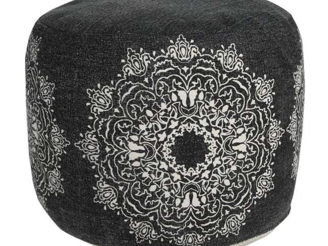 18" Black Cotton Cylinder Medallion Pouf Ottoman