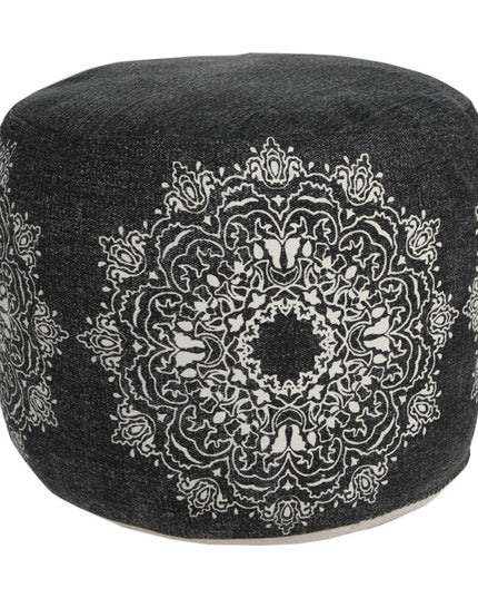18" Black Cotton Cylinder Medallion Pouf Ottoman