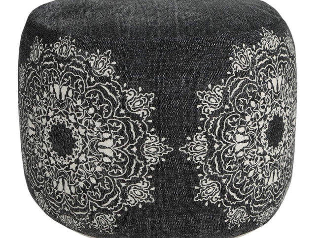 18" Black Cotton Cylinder Medallion Pouf Ottoman