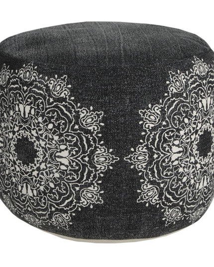 18" Black Cotton Cylinder Medallion Pouf Ottoman