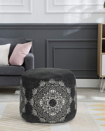 18" Black Cotton Cylinder Medallion Pouf Ottoman