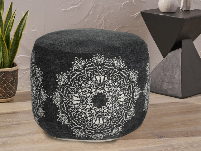 18" Black Cotton Cylinder Medallion Pouf Ottoman