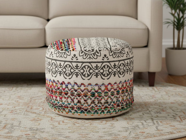 18" Rainbow And Gray Cylinder Geometric Pouf Ottoman