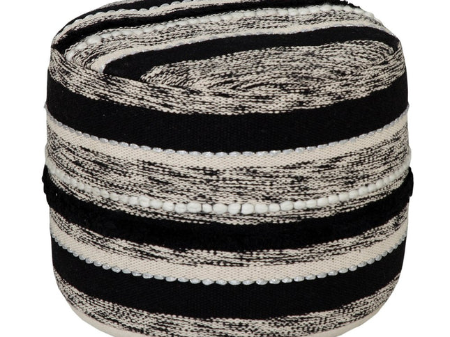18" White Cotton Cylinder Striped Pouf Ottoman