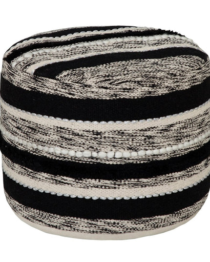 18" White Cotton Cylinder Striped Pouf Ottoman