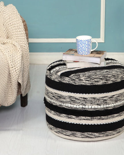 18" White Cotton Cylinder Striped Pouf Ottoman