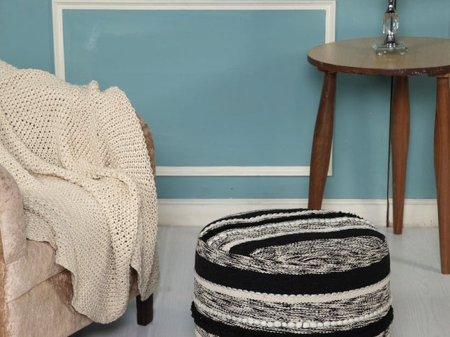 18" White Cotton Cylinder Striped Pouf Ottoman