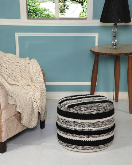 18" White Cotton Cylinder Striped Pouf Ottoman