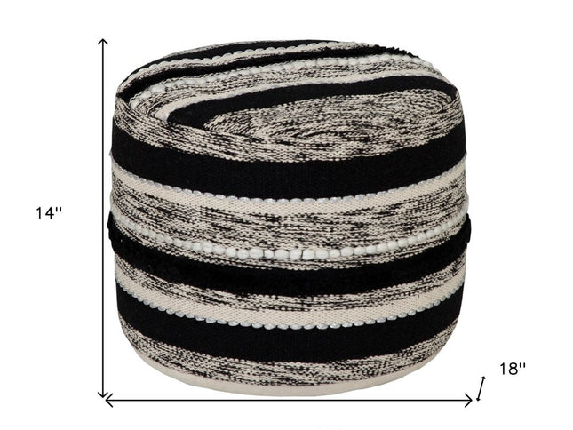 18" White Cotton Cylinder Striped Pouf Ottoman