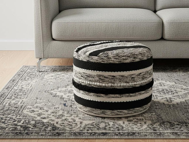 18" White Cotton Cylinder Striped Pouf Ottoman