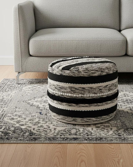 18" White Cotton Cylinder Striped Pouf Ottoman