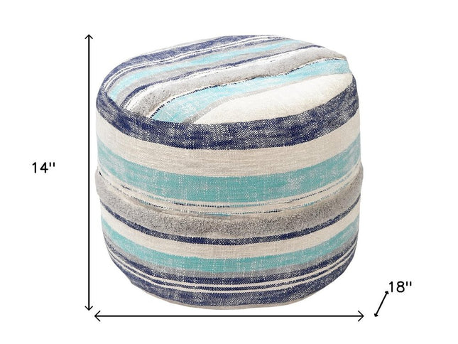 18" Blue Cotton Cylinder Striped Pouf Ottoman
