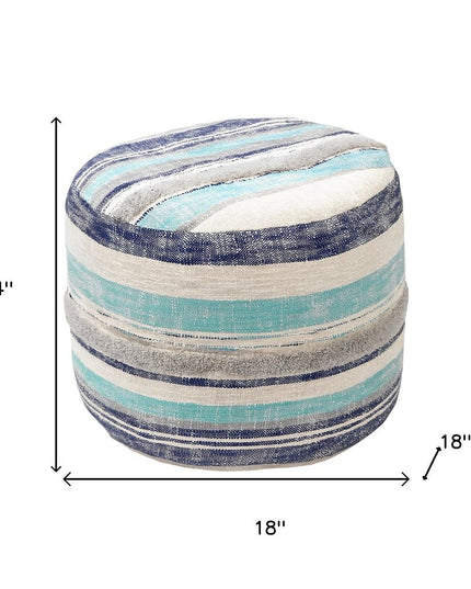 18" Blue Cotton Cylinder Striped Pouf Ottoman