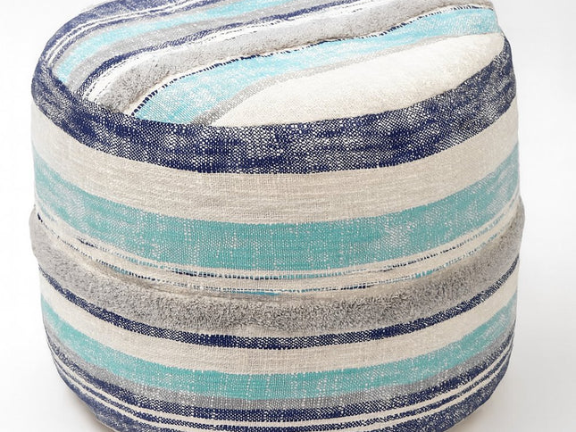 18" Blue Cotton Cylinder Striped Pouf Ottoman