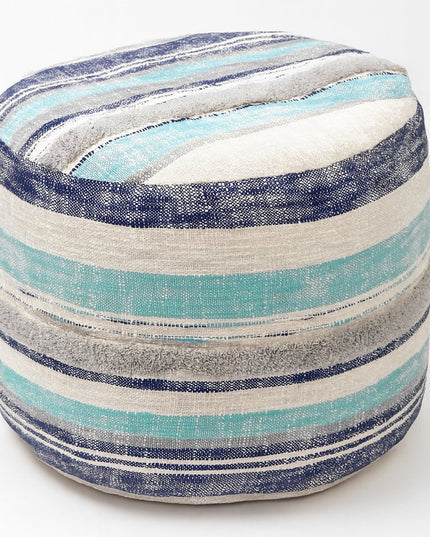 18" Blue Cotton Cylinder Striped Pouf Ottoman