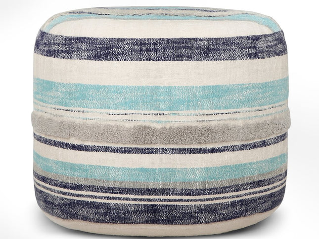 18" Blue Cotton Cylinder Striped Pouf Ottoman