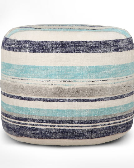 18" Blue Cotton Cylinder Striped Pouf Ottoman