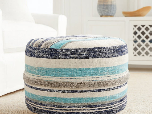 18" Blue Cotton Cylinder Striped Pouf Ottoman