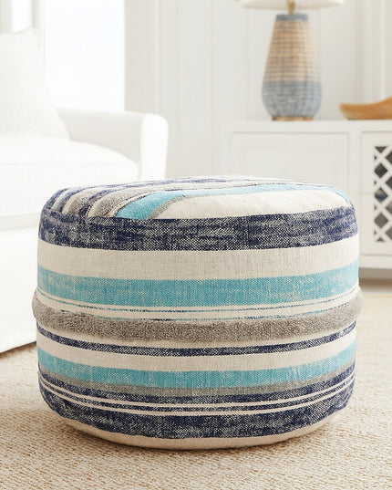 18" Blue Cotton Cylinder Striped Pouf Ottoman