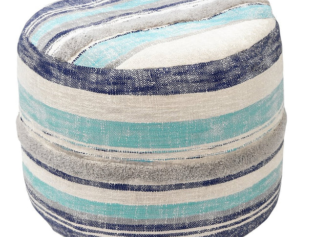 18" Blue Cotton Cylinder Striped Pouf Ottoman