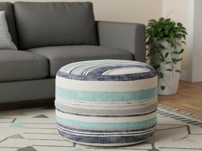 18" Blue Cotton Cylinder Striped Pouf Ottoman