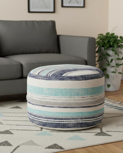 18" Blue Cotton Cylinder Striped Pouf Ottoman