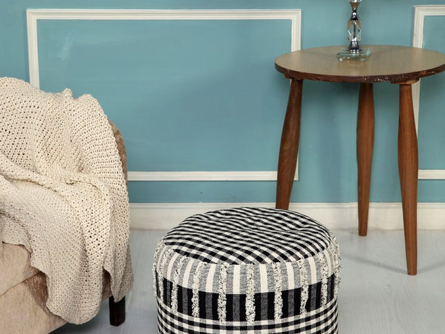 18" Black Cotton Cylinder Plaid Pouf Ottoman