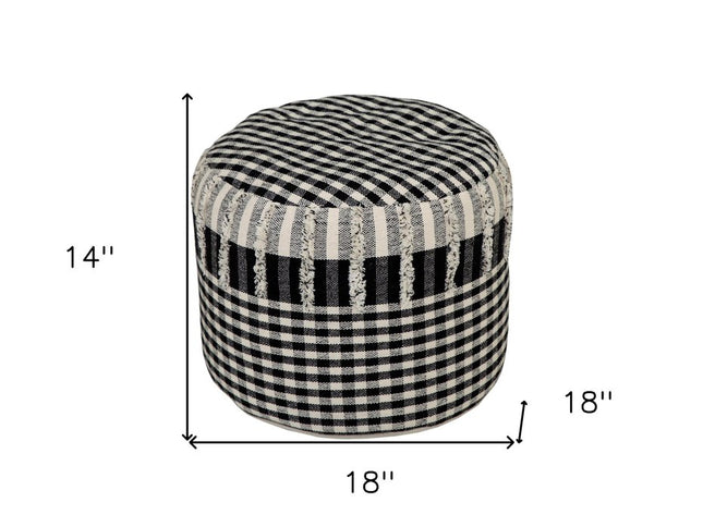 18" Black Cotton Cylinder Plaid Pouf Ottoman
