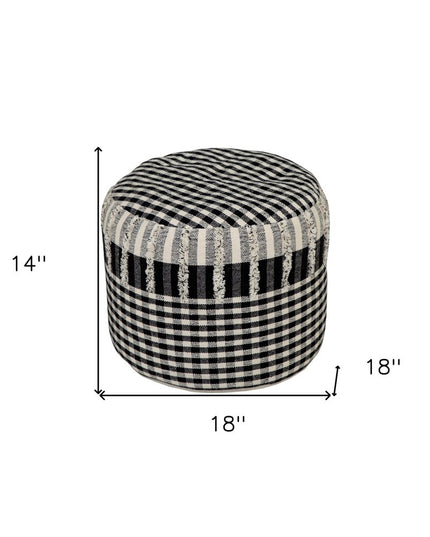 18" Black Cotton Cylinder Plaid Pouf Ottoman