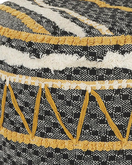 18" Black Cotton Cylinder Striped Pouf Ottoman