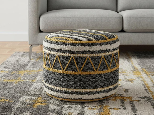 18" Black Cotton Cylinder Striped Pouf Ottoman