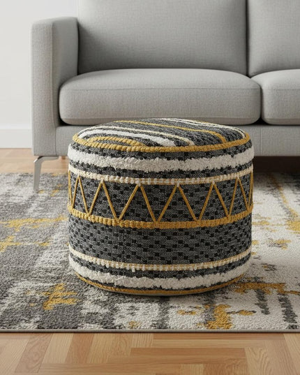 18" Black Cotton Cylinder Striped Pouf Ottoman