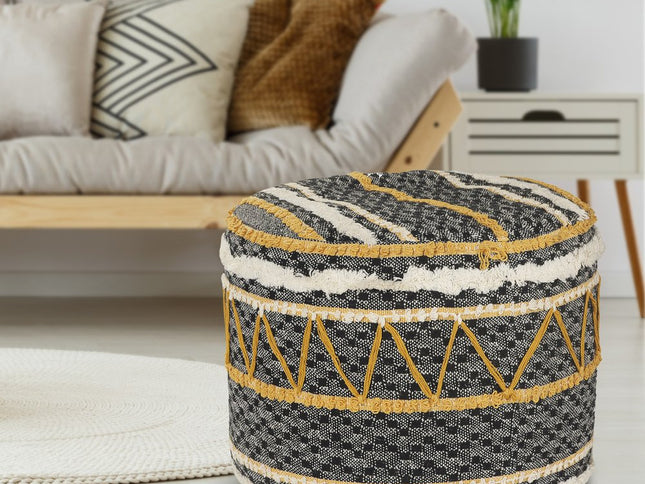 18" Black Cotton Cylinder Striped Pouf Ottoman