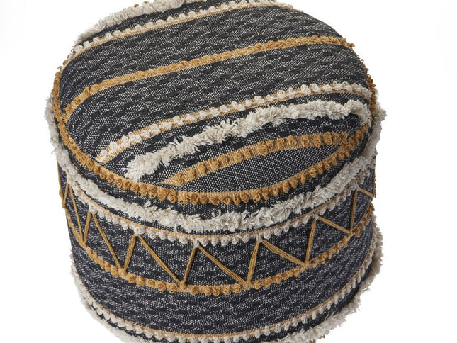 18" Black Cotton Cylinder Striped Pouf Ottoman