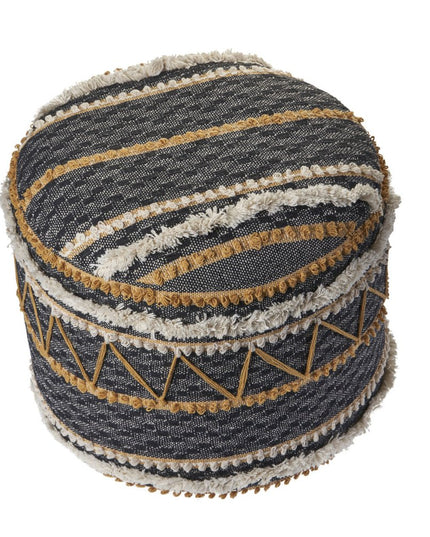 18" Black Cotton Cylinder Striped Pouf Ottoman