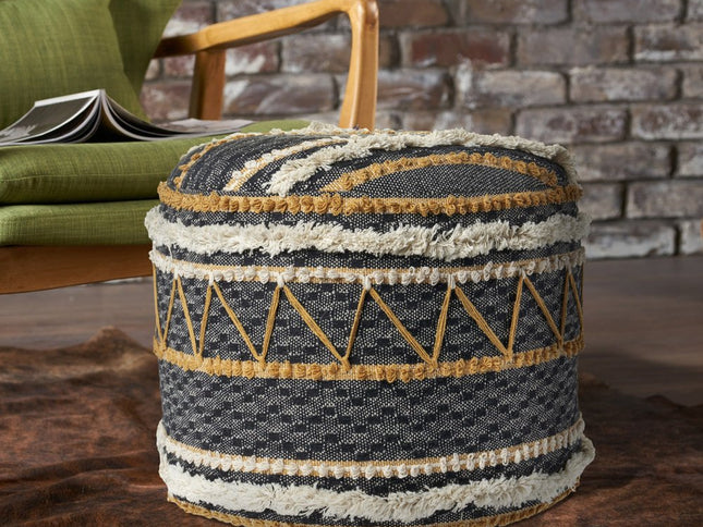 18" Black Cotton Cylinder Striped Pouf Ottoman