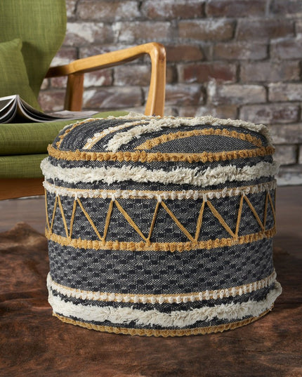 18" Black Cotton Cylinder Striped Pouf Ottoman