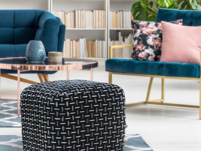 16" Black Fabric Geometric Pouf Ottoman