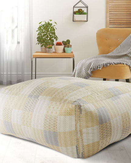 48" Cream Cotton Patchwork Pouf Ottoman
