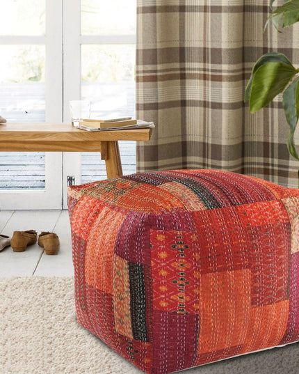 48" Cream Cotton Patchwork Pouf Ottoman