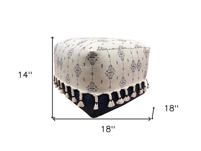 18" Natural And Navy Blue Cotton Medallion Pouf Ottoman