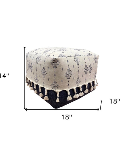 18" Natural And Navy Blue Cotton Medallion Pouf Ottoman