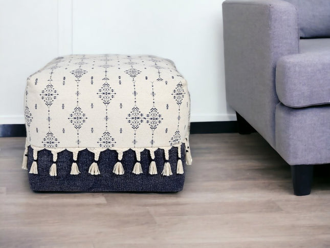 18" Natural And Navy Blue Cotton Medallion Pouf Ottoman