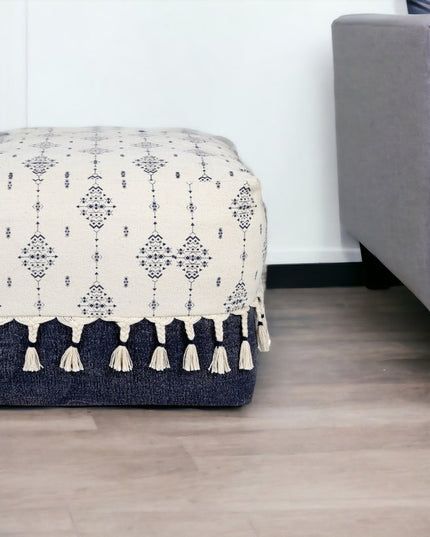 18" Natural And Navy Blue Cotton Medallion Pouf Ottoman