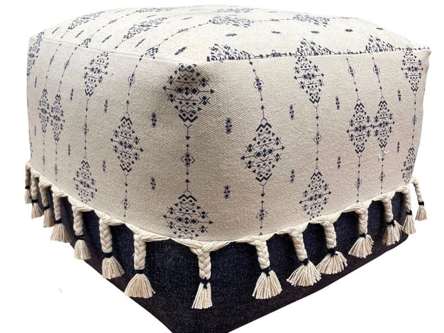 18" Natural And Navy Blue Cotton Medallion Pouf Ottoman