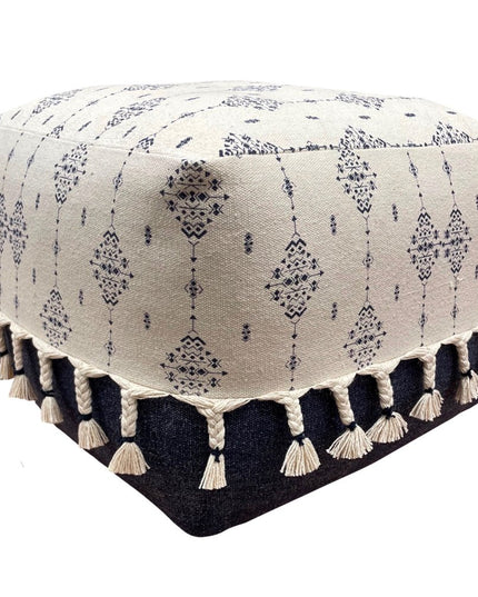 18" Natural And Navy Blue Cotton Medallion Pouf Ottoman