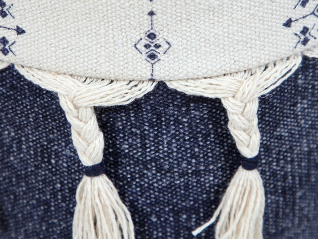18" Natural And Navy Blue Cotton Medallion Pouf Ottoman