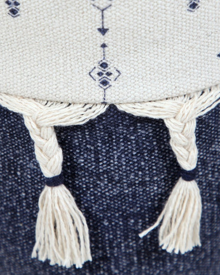 18" Natural And Navy Blue Cotton Medallion Pouf Ottoman