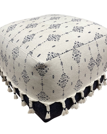 18" Natural And Navy Blue Cotton Medallion Pouf Ottoman